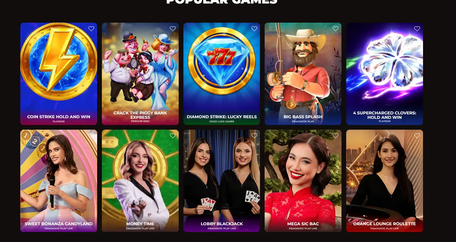 VinciSpin Casino – herní lobby s výběrem slotů a živého kasina